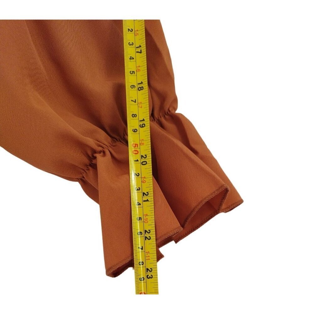 Long sleeve ruched dress in rust orange with ruffled hem, polyester. Size L NWT - Picture 8 of 10